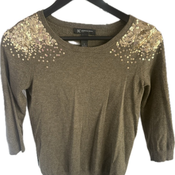 INC International Concepts Olive Green Sweater with Gold Sequin Embellishments - Picture 4 of 5